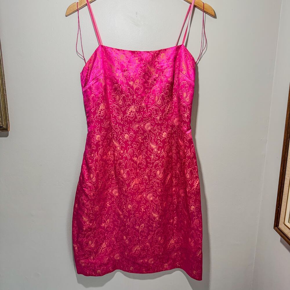 Vintage Donna Morgan Silk Linen Hot Pink Gold Brocade Cocktail Dress 6